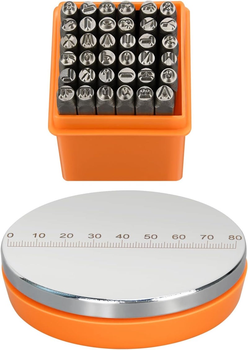 LFSEMINI Steel Bench Block and 37pcs 3mm(1/8") Artistic Font Uppercase Letter Punches, Number Punch and Heart Design Stamp - Image 1